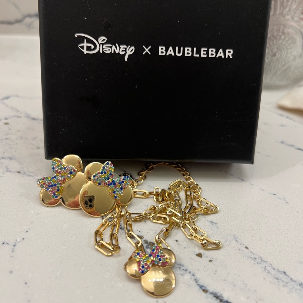 Disney x BaubleBar Gold Mickey Necklace and matching earrings